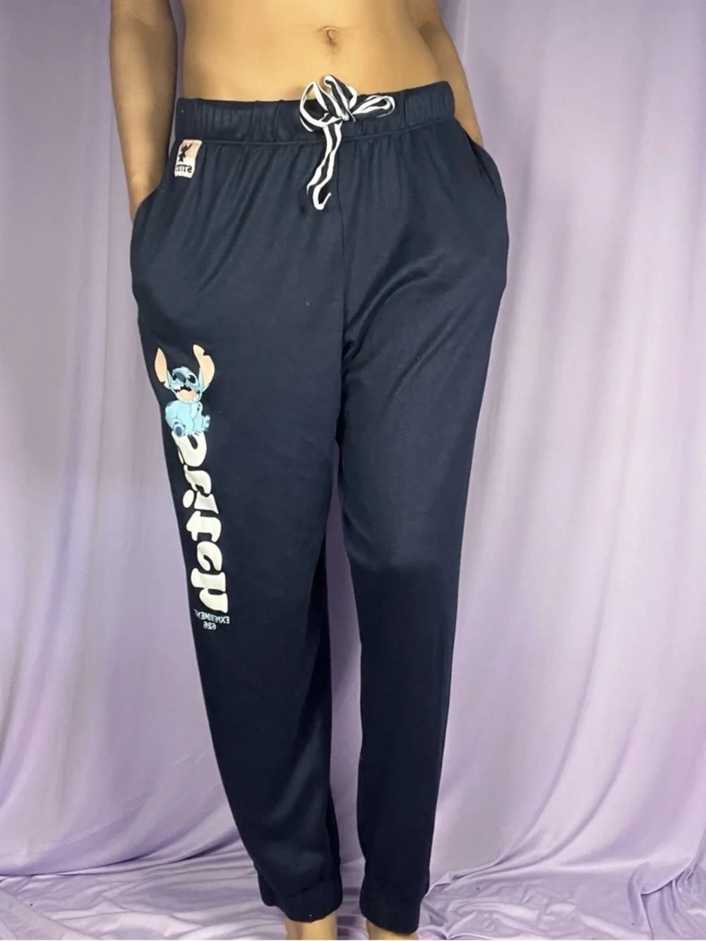 Disney Lilo & Stitch Navy Blue Sweatpant Joggers Womens Size S Experiment 626 - Picture 3 of 11